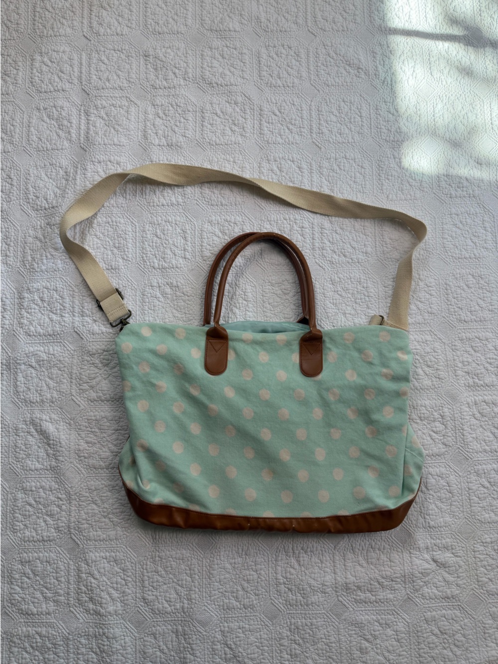 Mossimo vintage y2k Canvas Polka Dot Tote Bag with Brown Leather Trim - Mint